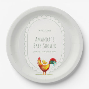 Welcome Sage Cottagecore Rooster Chick Baby Shower Paper Plates