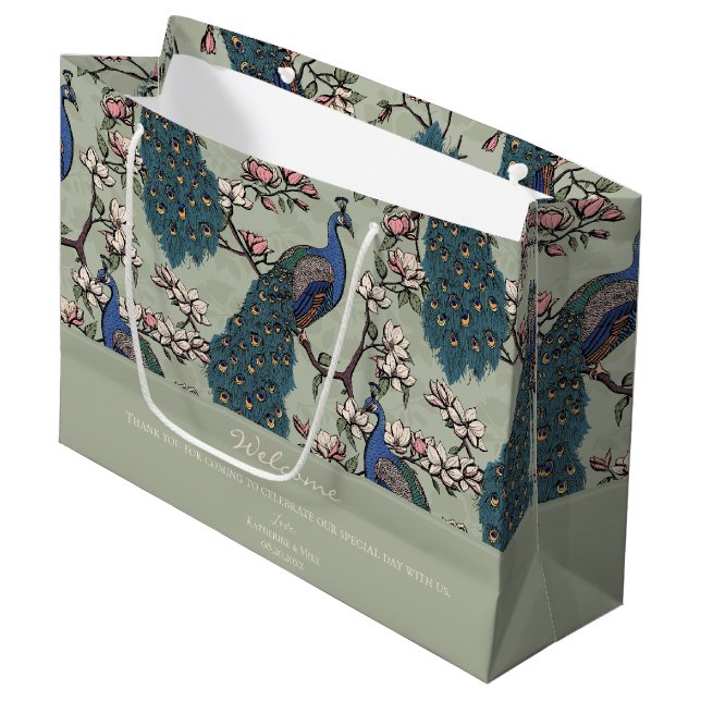 Welcome Sage Green Floral Peacocks Large Gift Bag (Front Angled)
