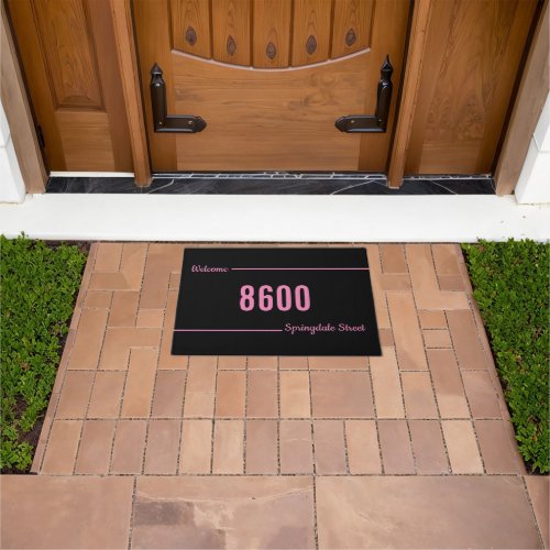 Welcome Script Black and Pink Street Address  Doormat