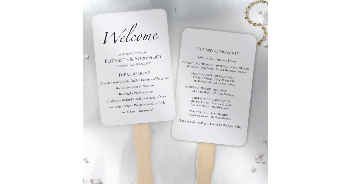 Welcome Script Black & White Ceremony Program Sign Hand Fan | Zazzle
