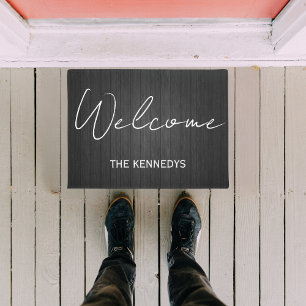 Welcome Script Black & White Custom Family Name  Doormat