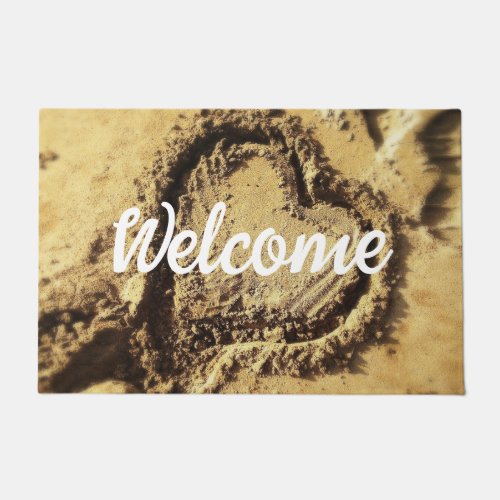 Welcome Script Bold Heart Golden Beach Sand Photo Doormat