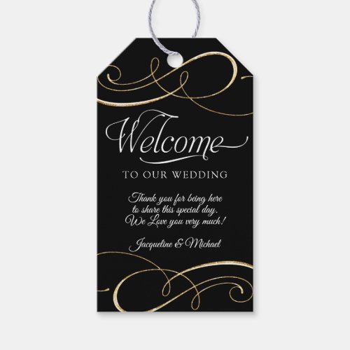 Welcome Script Calligraphy Black and Gold Scrolls Gift Tags