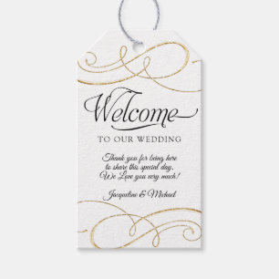 Welcome Script Calligraphy Typography Gold Scrolls Gift Tags