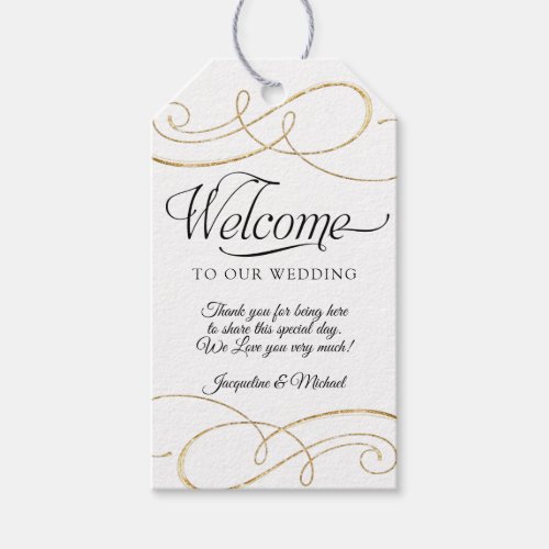 Welcome Script Calligraphy Typography Gold Scrolls Gift Tags