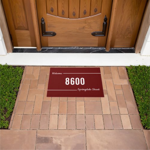 Welcome Script Dark Red and White Street Address  Doormat
