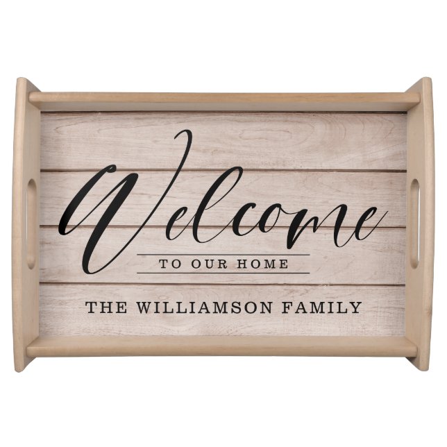 Welcome Script Faux Light Wood Plank Custom Name Serving Tray (Front)