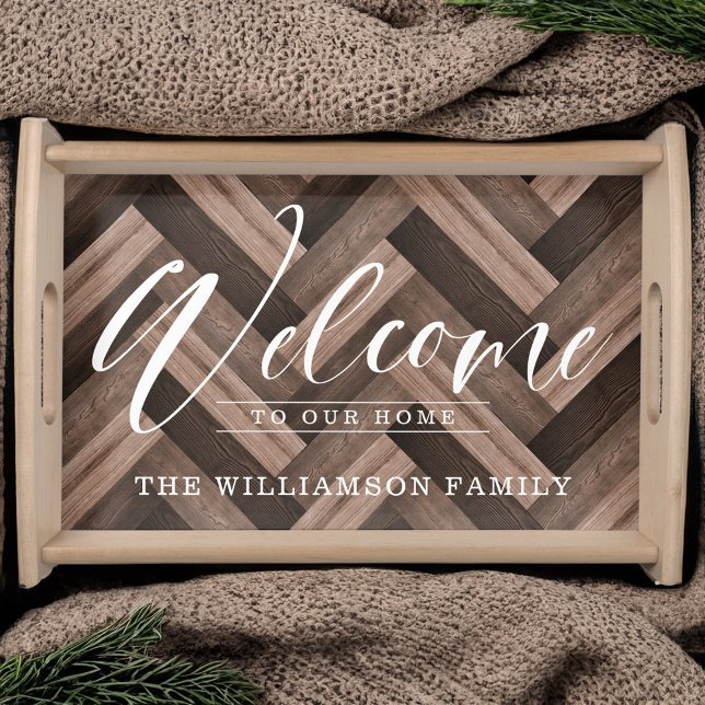Welcome Script Faux Wood Herringbone Family Name Serving Tray (Welcome Script Faux Wood Herringbone Family Name Serving Tray)