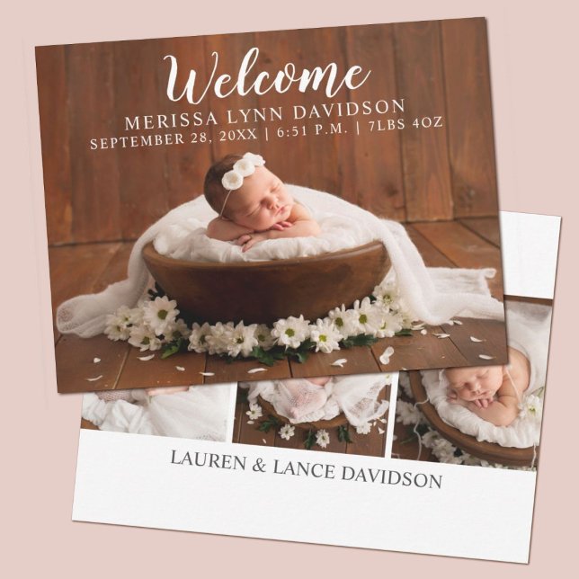  Welcome Script Girl Photo Birth Announcement (A cute baby girl birth announcement with the word Welcome, and your baby's birth stats.)