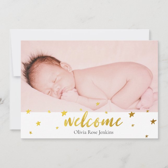 Welcome Script Gold Stars Photo Baby Girl Birth Announcement (Front)