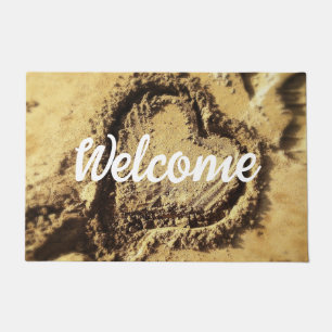 Welcome Script Golden Beach Sand Heart Photography Doormat