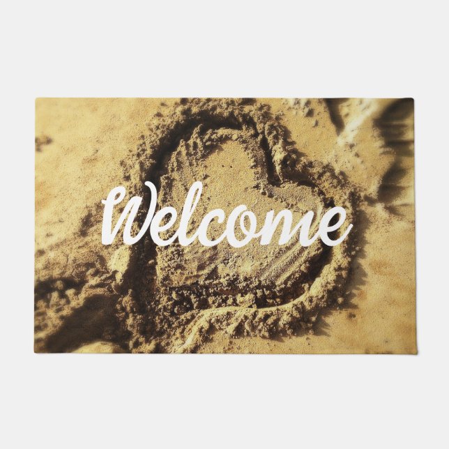 Welcome Script Golden Beach Sand Heart Photography Doormat (Front)