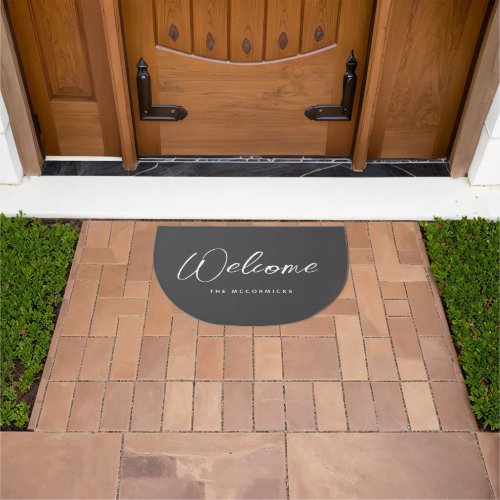 Welcome Script Grey Family Name Personalized Doormat