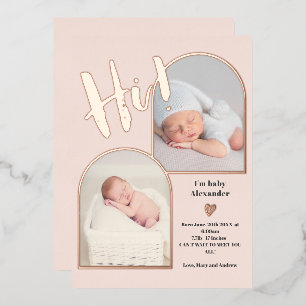 Welcome script heart photo baby birth rose gold fo foil invitation