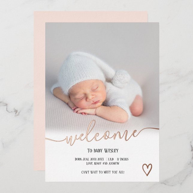 Welcome script heart photo baby birth rose gold foil invitation (Front/Back)