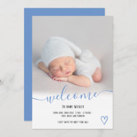 Welcome script heart photo blue boy baby birth announcement