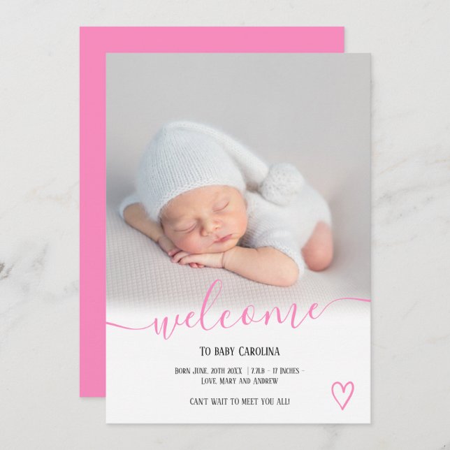 Welcome script heart photo pink girl baby birth announcement (Front/Back)