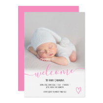 Welcome script heart photo pink girl baby birth announcement
