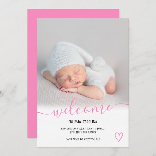 Welcome script heart photo pink girl baby birth announcement