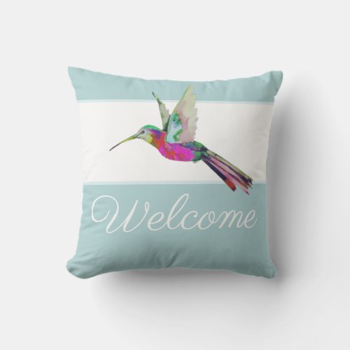 Welcome Script Hummingbird Colorful Watercolor  Outdoor Pillow