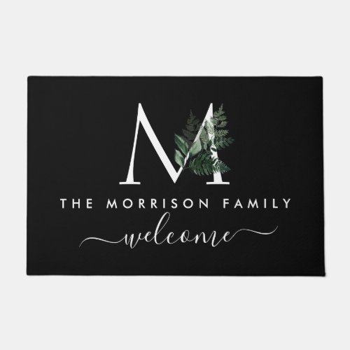 Welcome script monogrammed greenery black doormat