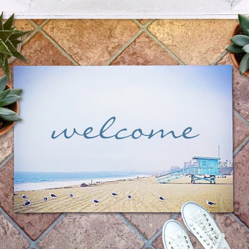 Welcome Script Ocean Beach Sand Seagull Doormat