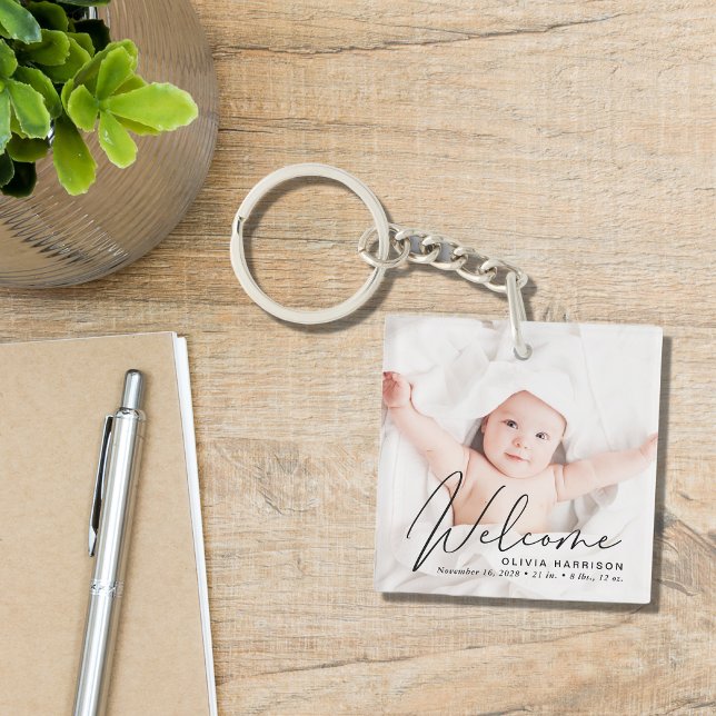Welcome Script Photo Birth Announcement Keychain (Creator Uploaded)