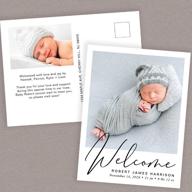 Welcome Script Photo Birth Announcement Postcard (Creator Uploaded)