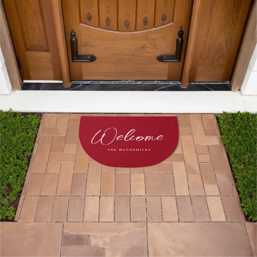 Welcome Script Red Personalized Family Name Doormat