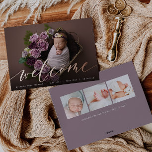 Welcome Script Rose Gold Foil Birth Announcement
