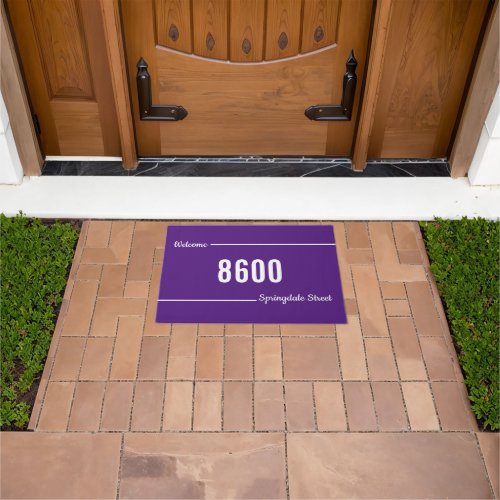 Welcome Script Royal Purple White Street Address  Doormat