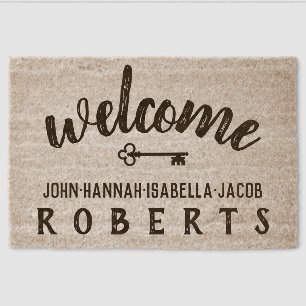 Welcome Script Text Key Personalized Family Name Fiber Doormat