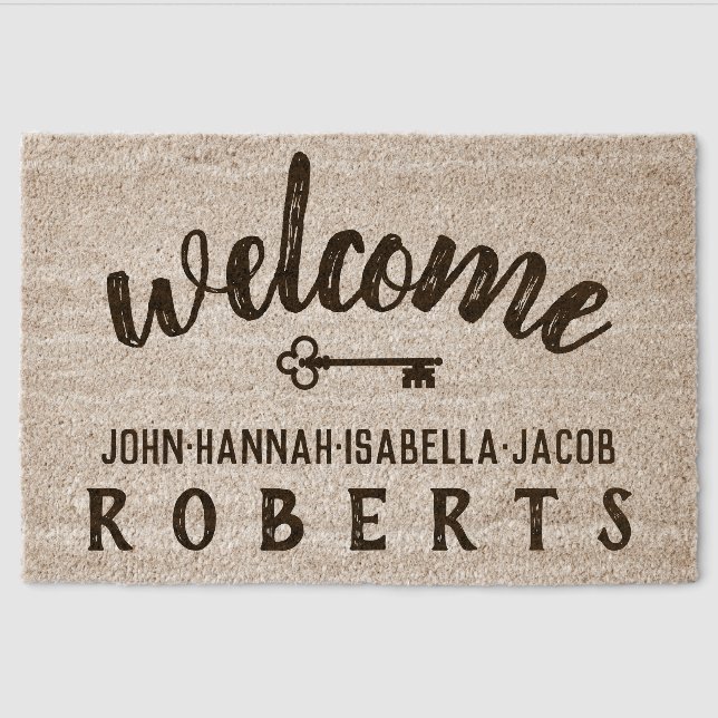 Welcome Script Text Key Personalized Family Name Fiber Doormat (Front)