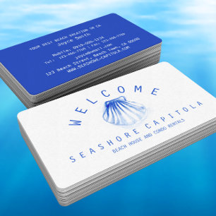 WELCOME! Seashell Blue & White Beach House Rentals Business Card
