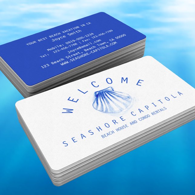 WELCOME! Seashell Blue & White Beach House Rentals Business Card (Creator Uploaded)