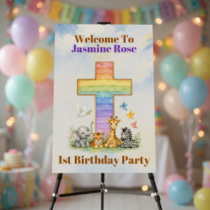 Welcome Sign 1st Birthday Cross & Baby Animals