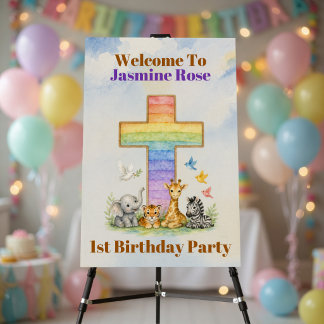 Welcome Sign 1st Birthday Cross & Baby Animals 