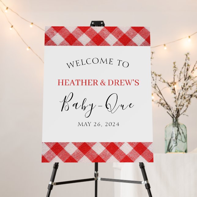Welcome sign Baby Q Baby Shower Barbecue Red Plaid (In Situ (Stand))