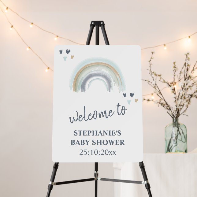 Welcome Sign Baby Shower Blue Boho Rainbow  (In Situ (Stand))