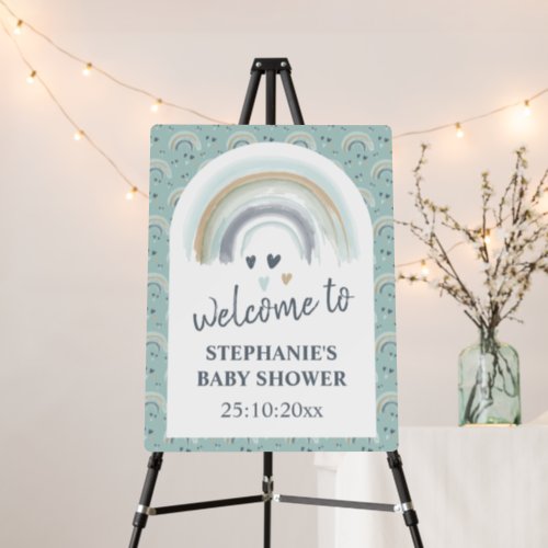 Welcome Sign Baby Shower Blue Boho Rainbow 