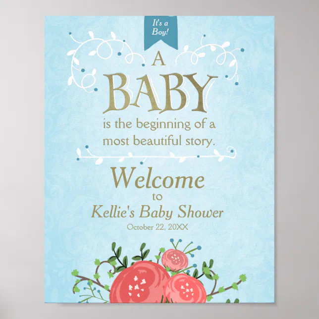 Welcome Sign baby shower It's a boy Blue Floral | Zazzle