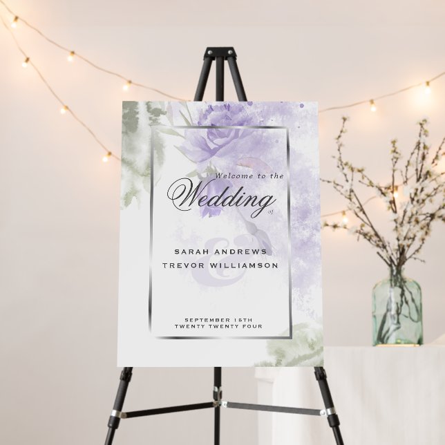 Welcome Sign Beautiful Rustic Lilac Purple Roses (In Situ (Stand))