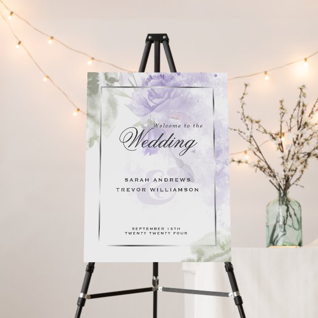 Welcome Sign Beautiful Rustic Lilac Purple Roses (In Situ (Stand))