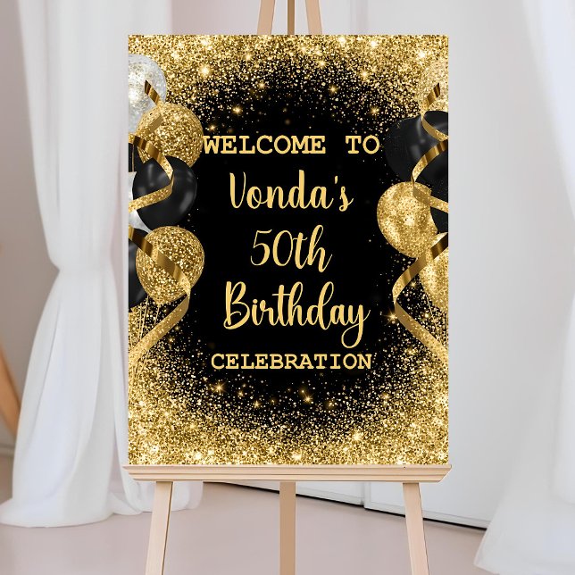 Welcome Sign Black and Gold, Gold Birthday Bday  (Creator Uploaded)