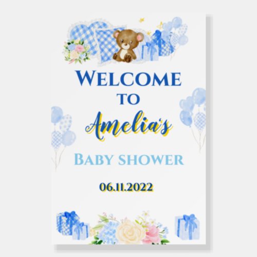 Welcome sign blue bear  baby boy shower party