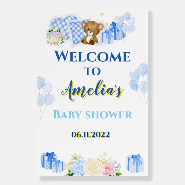 Welcome sign blue bear  baby boy shower party (Front)