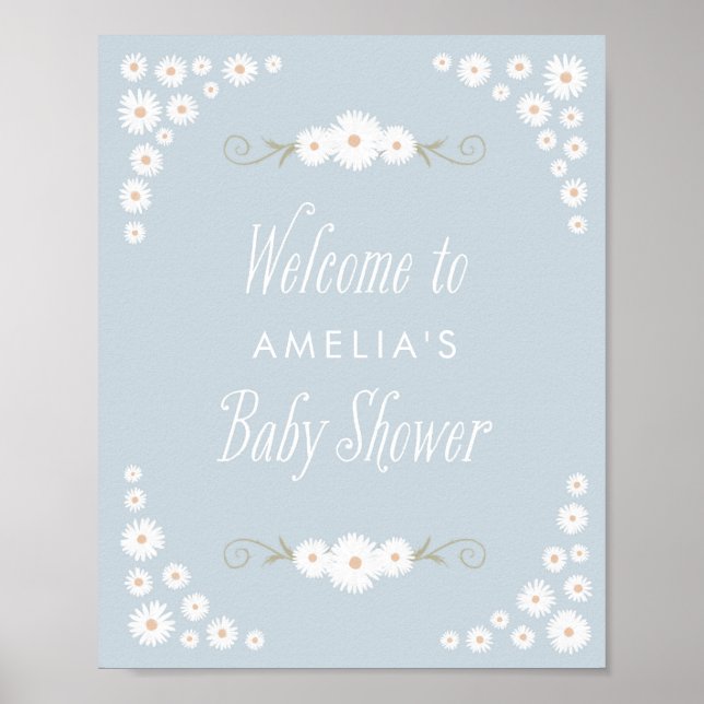 Welcome Sign Blue Boho Daisy Baby Shower (Front)