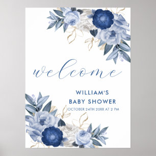 Welcome Sign Blue White Floral Baby Shower Poster
