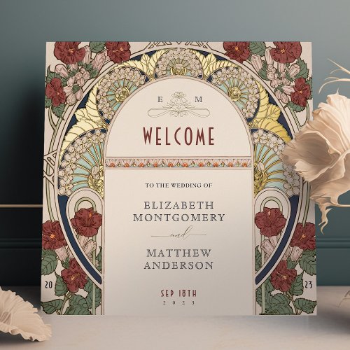 Welcome Sign Bougainvillea Burgundy Gold Wedding