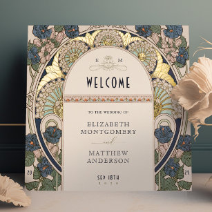 Welcome Sign Bougainvillea Navy Blue Gold Wedding